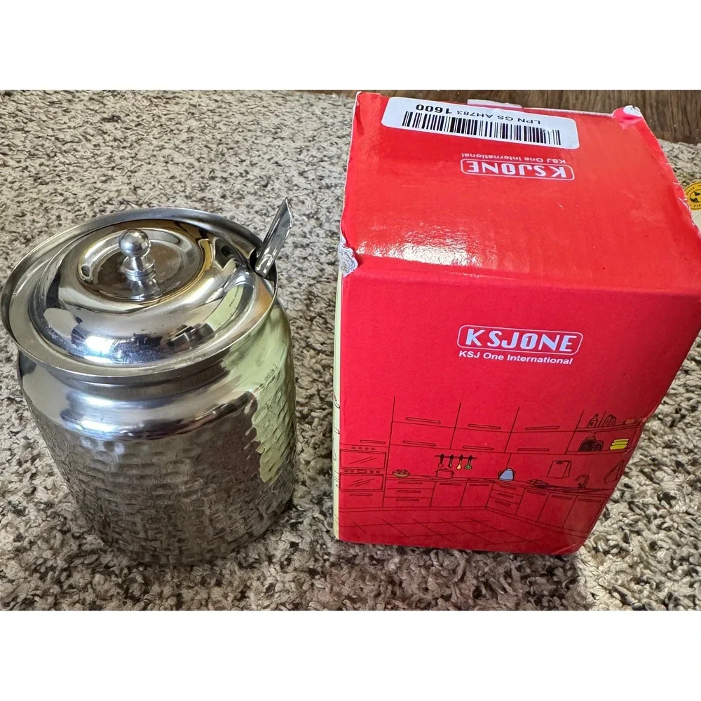 KSJONE Stainless Steel Ghee Pot with Spoon Hammered Finish Storage Canister Lid